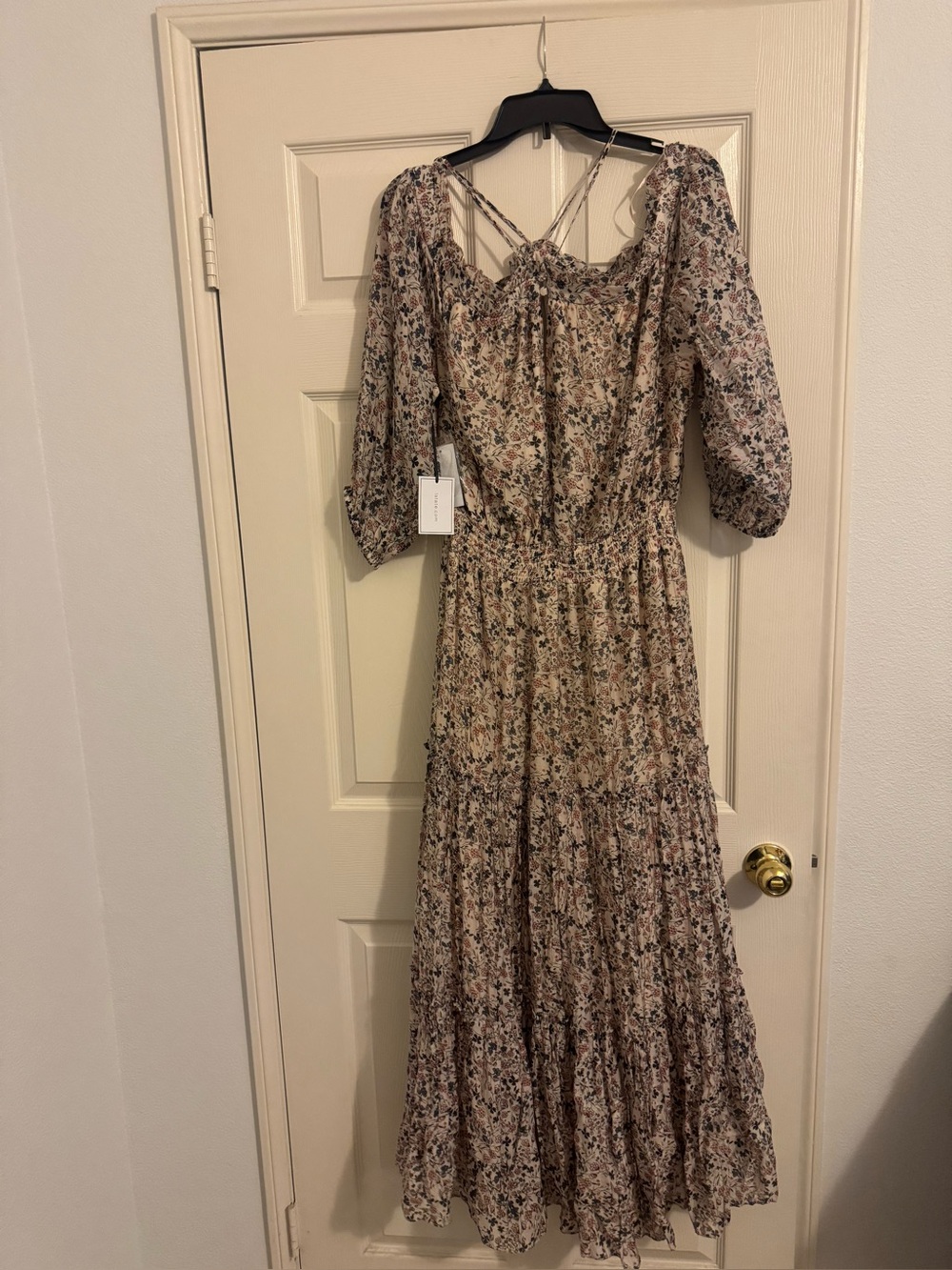 Smocked Waist Cream Floral Maxi Dress with Puff Sleeves